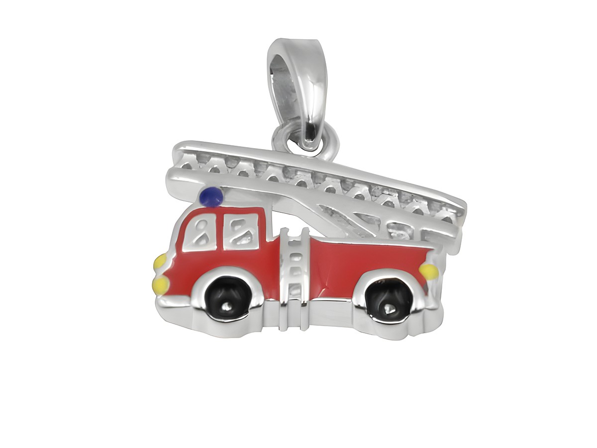 Ein Anhänger in Form eines roten Feuerwehrautos aus 925 Sterling Silber, poliert und rhodiniert, ideal für Kinder, mit detaillierten Farben und einer Leiter.