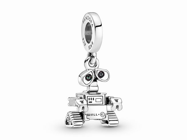 Charm-Anhänger von Pandora in Form von Wall-E aus Disney Pixar, gefertigt aus Sterling Silber mit schwarzer Emaille, detailreiche Ausarbeitung und grüne Augen, ideal für Armbänder.