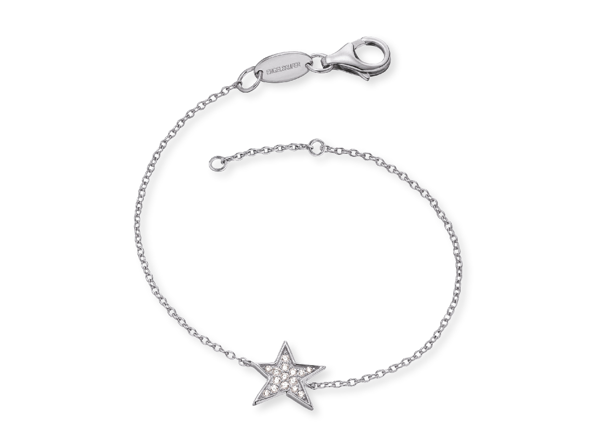 Armband aus rhodiniertem Silber mit einem Stern-Anhänger besetzt mit Zirkonia, 17 cm lang, Hersteller ist Engelsrufer. Kettenverschluss für sicheren Halt.