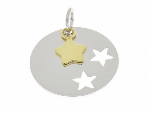 Anhänger aus Silber rhodiniert mit bicolor Effekt, sorgfältig gravierte Sterne, ein goldfarbener Stern als Blickfang, ideal für Liebhaber von Sonne, Mond und Sternen, Hersteller Juwelier Harnisch.
