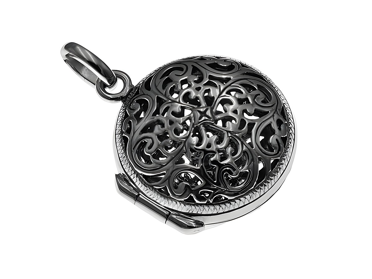 Filigranes Medaillon in rundem Design, nostalgisch verarbeitet aus Sterling Silber, mit kunstvollen, offenen Mustern, hergestellt von Juwelier Harnisch, elegant und zeitlos.