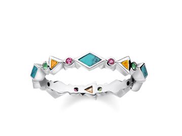 Mehrfarbiger Ring von Thomas Sabo, Modell TR2229-984-7-52, Größe 52, aus Silber mit bunten Steinen in verschiedenen Formen, ideal für einen auffälligen Akzent.