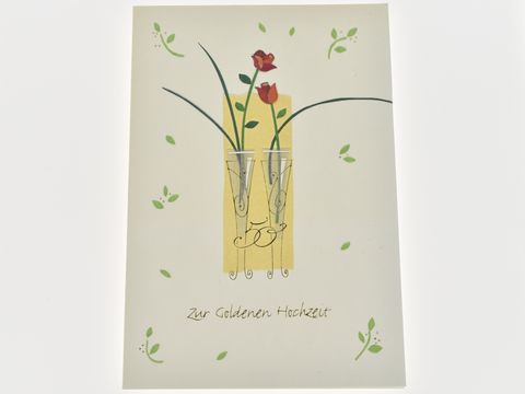 Hochzeitskarte mit zwei roten Rosen in Sektgläsern, dekorativ umgeben von stilisierten Grüntönen. Hersteller ist Juwelier Harnisch. Die Karte ist für eine goldene Hochzeit geeignet.