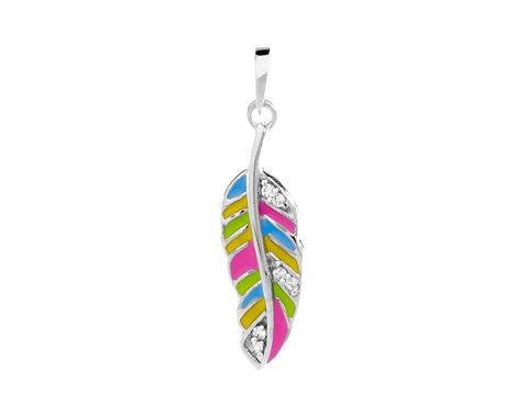 Feder Anhänger mit Zirkonia in Weiß, romantisch und bunt gestaltet, aus Silber rhodiniert, Hersteller Juwelier Harnisch, bietet diverse Motive.