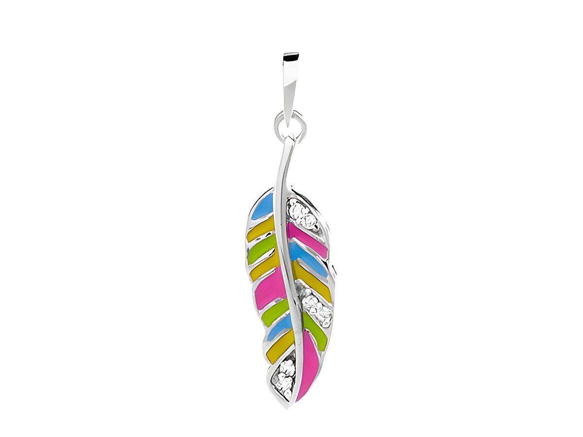 Feder Anhänger mit Zirkonia in Weiß, romantisch und bunt gestaltet, aus Silber rhodiniert, Hersteller Juwelier Harnisch, bietet diverse Motive.