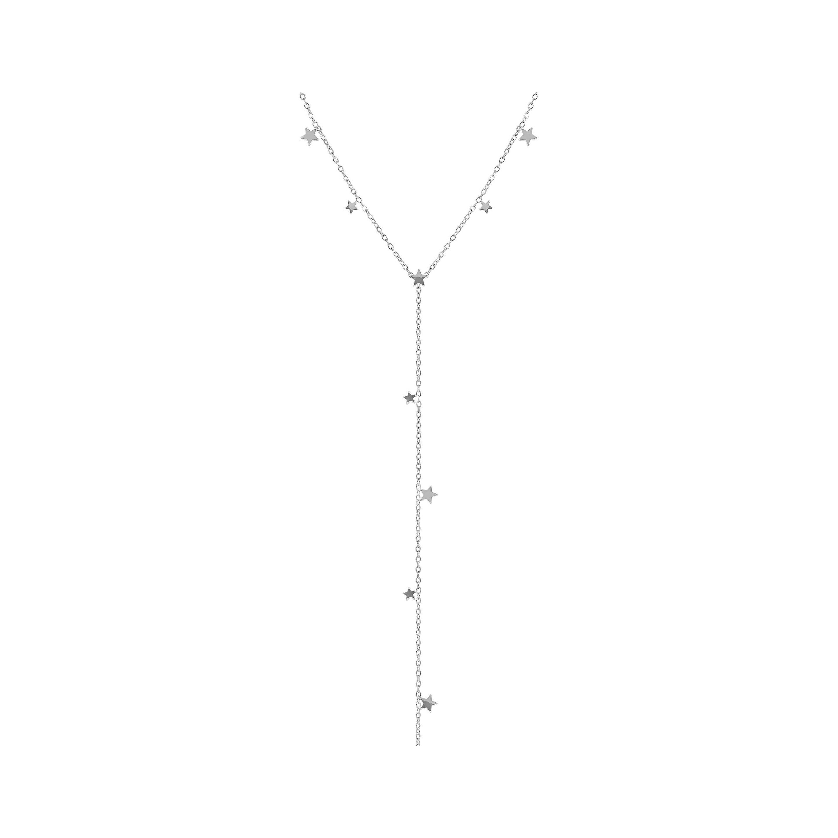 Halskette mit Y-Form aus poliertem Silber, geschmückt mit mehreren kleinen Sternen, die gleichmäßig entlang der Kette angeordnet sind, modern und elegant.