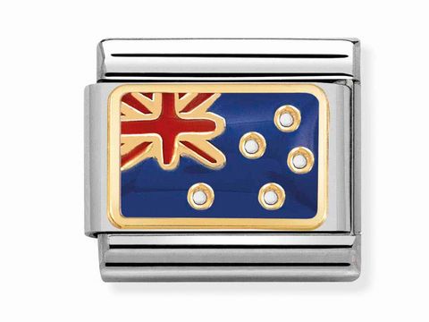 403023801-0 Die emaillierte Classic Flagge von Australien zeigt das nationale Design in leuchtenden Farben, mit einem roten Kreuz und weißen Sternen auf blauem Hintergrund, umgeben von einem silbernen Rahmen.