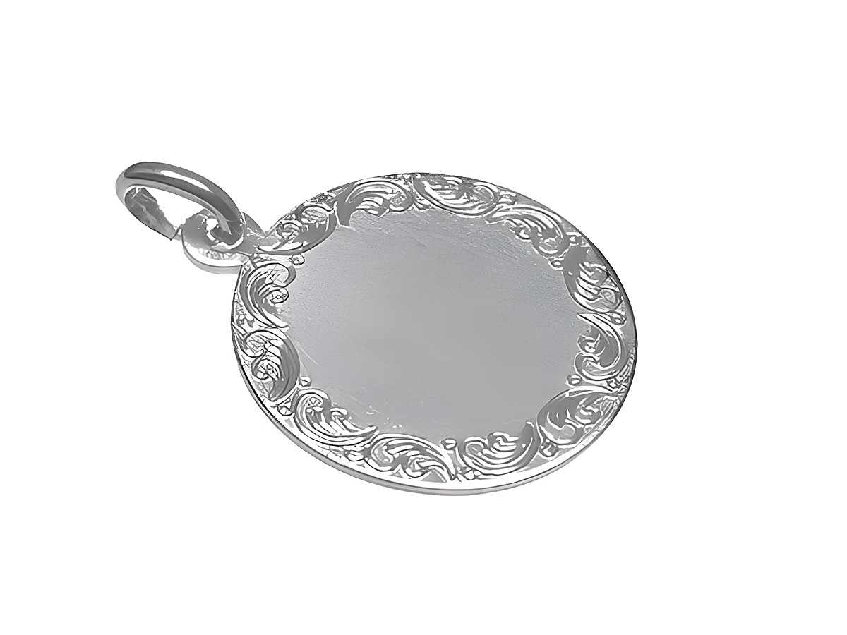 Rhodinierter Sterling Silber Anhänger mit gravierter Randgestaltung, schlichtes Design, hergestellt von Juwelier Harnisch, ideal zum Personalisieren oder als besonderes Geschenk.