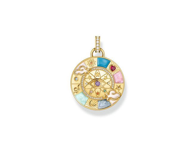 Thomas Sabo PE962-471-7 Anhänger in Form eines Glücksrads mit kosmischen Symbolen, aus Silber mit vergoldeter Oberfläche und Glas-Keramik Stein, farbenfroh gestaltet.