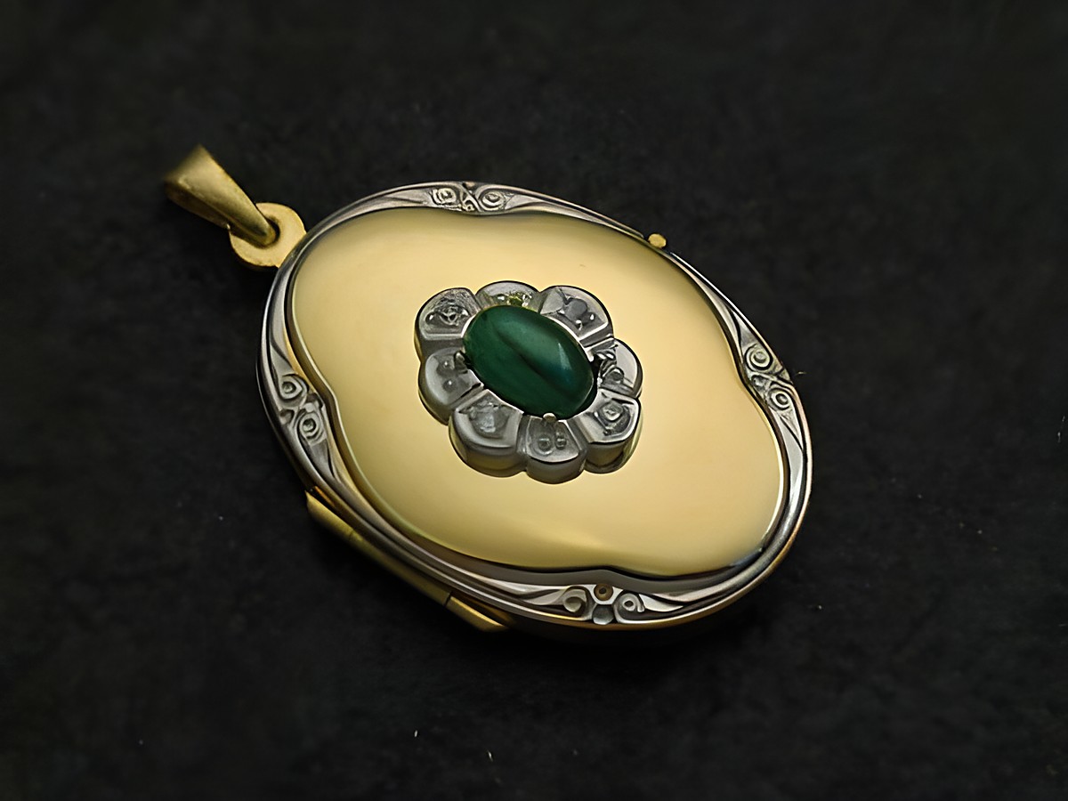 Medaillon aus Gold 333 bicolor mit einem Malachit grün Cabochon, umgeben von silberfarbenen Details, hergestellt von Juwelier Harnisch. Ein elegantes Schmuckstück.