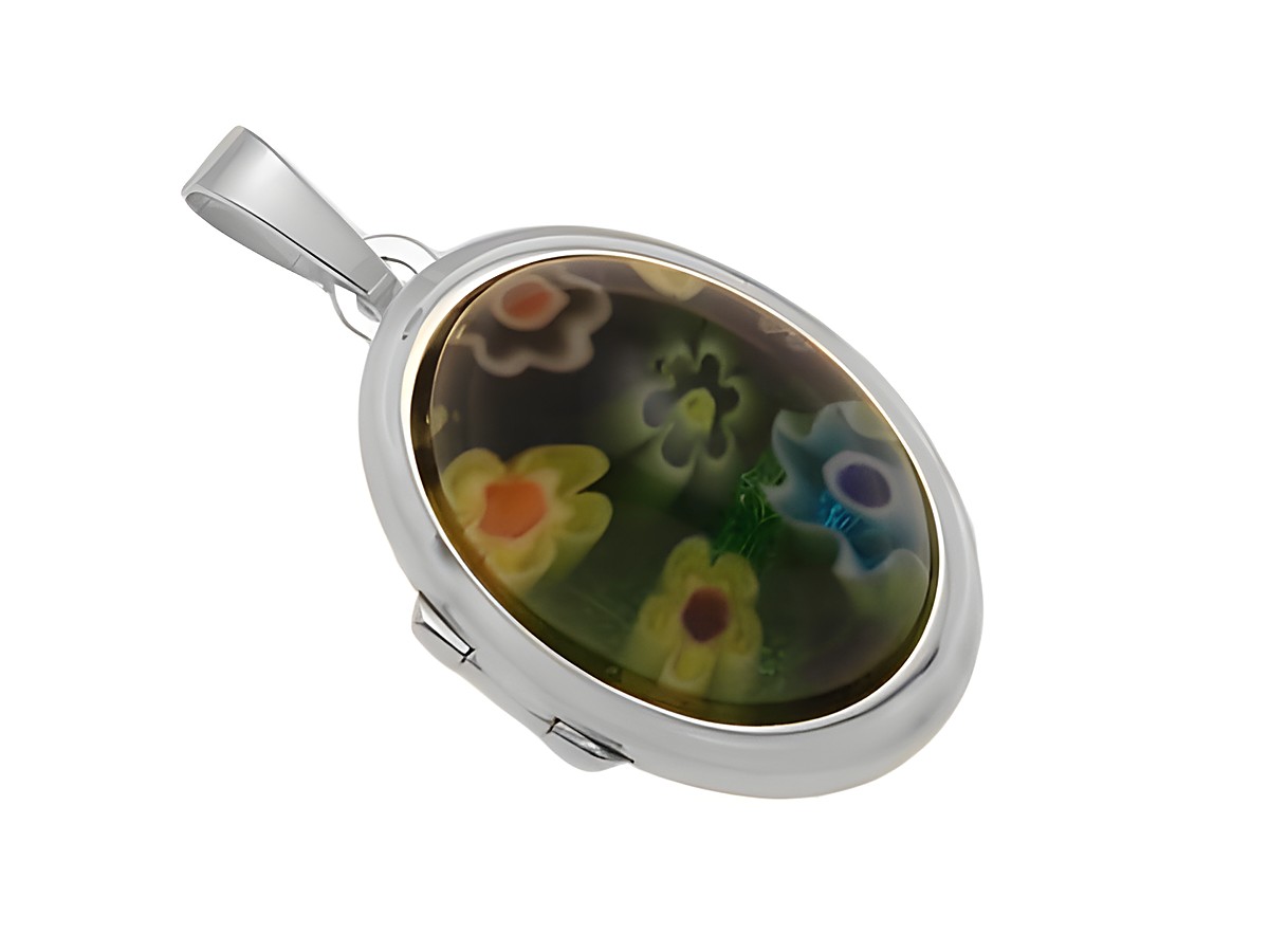 Millefiore Glas in grün als Cabochon in einem rhodinierten Sterling Silber Medaillon, florale Muster in leuchtenden Farben, Hersteller Juwelier Harnisch, elegant und bezaubernd.