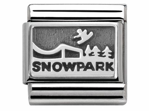Classic Edelstahl Silber 925 Charm von Nomination mit dem Motiv eines Snowparks, inklusive einer Abbildung von Bäumen und einem Sprung, gefertigt von SilverShine.