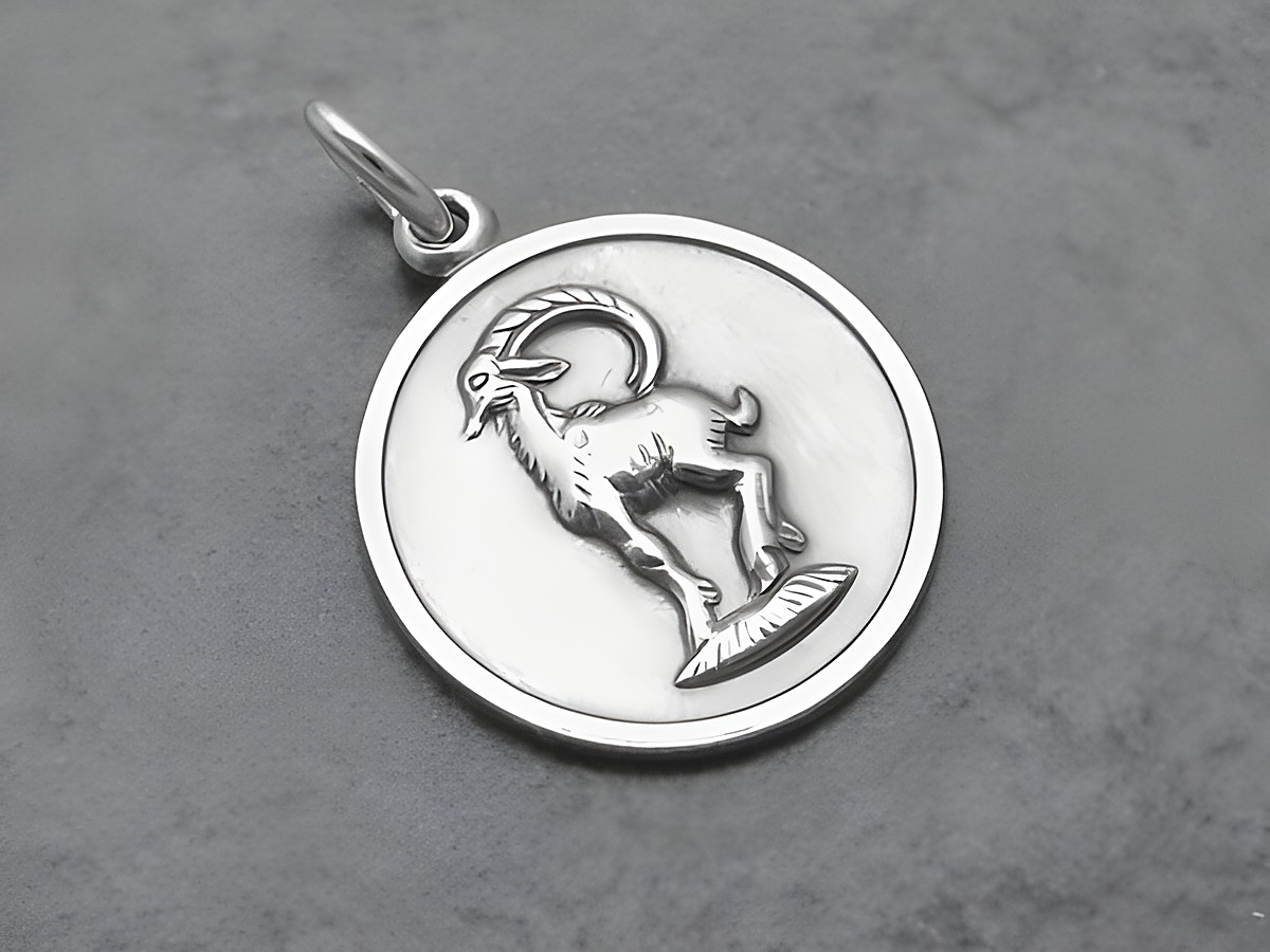 Silber geschwärzt Anhänger mit dem Sternzeichen Steinbock, rund geformt und detailreich gestaltet, gefertigt vom Juwelier Harnisch. Ideal als Geschenk für Steinbock-Geborene.