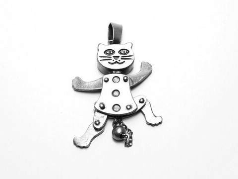 925 Sterling Silber Anhänger in Form einer Katze mit Hampelmann-Design und Glocke, hergestellt von Juwelier Harnisch, für Tierliebhaber geeignet.