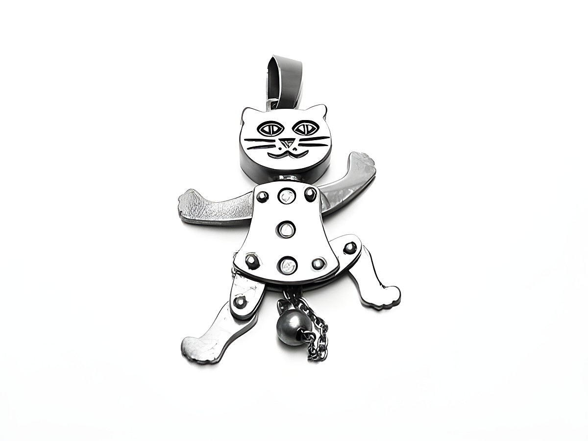 925 Sterling Silber Anhänger in Form einer Katze mit Hampelmann-Design und Glocke, hergestellt von Juwelier Harnisch, für Tierliebhaber geeignet.
