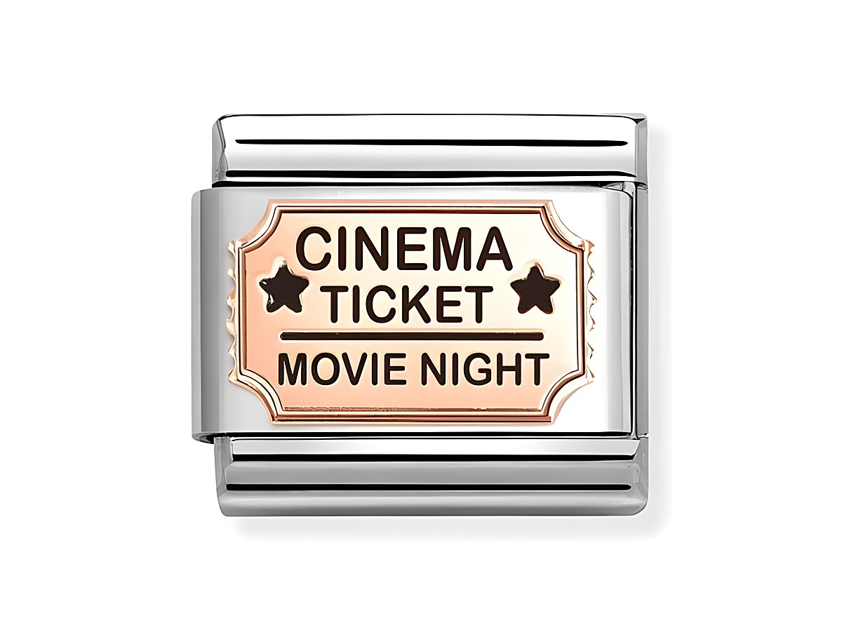 Ein Kino-Ticket in Roségold mit der Aufschrift CINEMA TICKET und MOVIE NIGHT, umgeben von einem dekorativen Rand, auf einem silbernen Hintergrund. Ideal für Schmuckliebhaber.