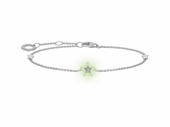 Silbernes Armband von Thomas Sabo mit leuchtendem Stern aus Emaille und Zirkonia, verziert mit kleinen Sternen, verstellbar von 16 bis 19 cm.