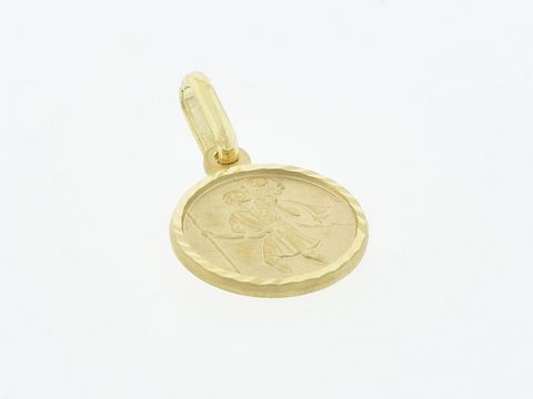 47637-0 Gold Anhänger aus 333 Gold mit dem Bildnis des Schutzpatrons Heiliger Christophorus, Durchmesser 1 cm, vom Hersteller Juwelier Harnisch, ideal als Schutzsymbol.