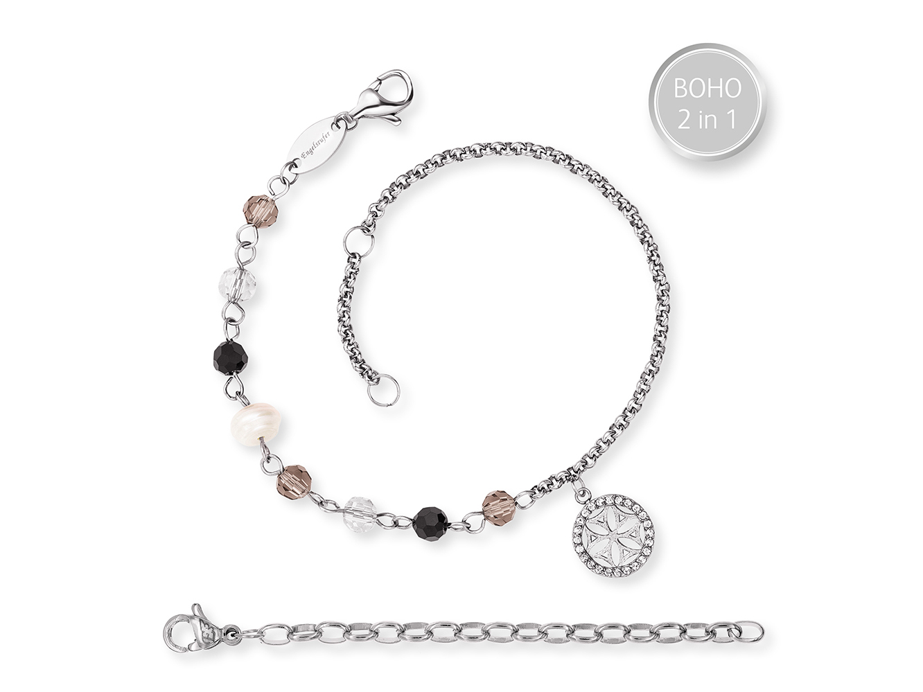Ein elegantes Armband von Engelsrufer aus Edelstahl und Zuchtperle in weiß, mit verschiedenen Glas- und Kristallperlen in Erdtönen, sowie einem glänzenden Anhänger in Form einer Lebensblume.