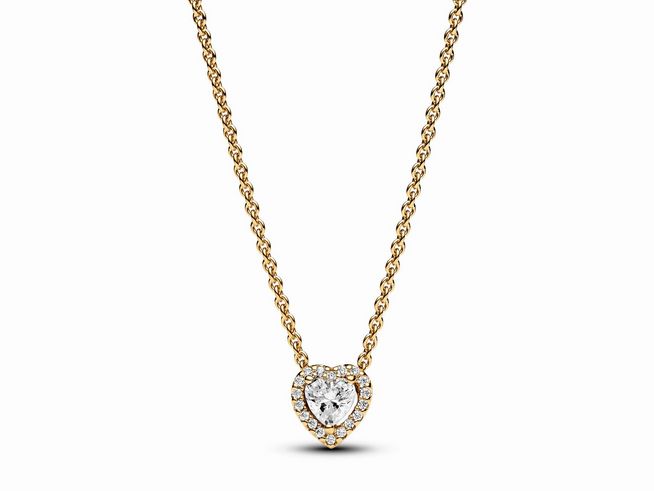 Funkelndes Herz Collier aus vergoldetem Metall mit klaren Zirkonia, hängend an einer feinen Kette, die eine Länge von 45 cm hat. Ideal für elegante Anlässe.