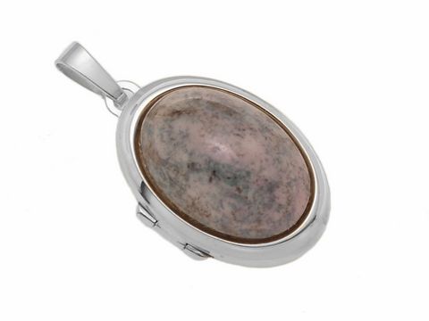 Elegantes Medaillon aus Weißgold 585 mit einem rosa-grau-schimmernden Cabochon, hergestellt von Juwelier Harnisch, ideal als Schmuckstück oder Geschenk.