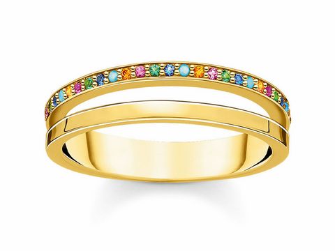 Silberner Ring von Thomas Sabo in Gr. 56, mit einer Buntsteinreihe aus synthetischem Korund und Zirkonia, verziert in Gelbgold. Ideal für modische Akzente.