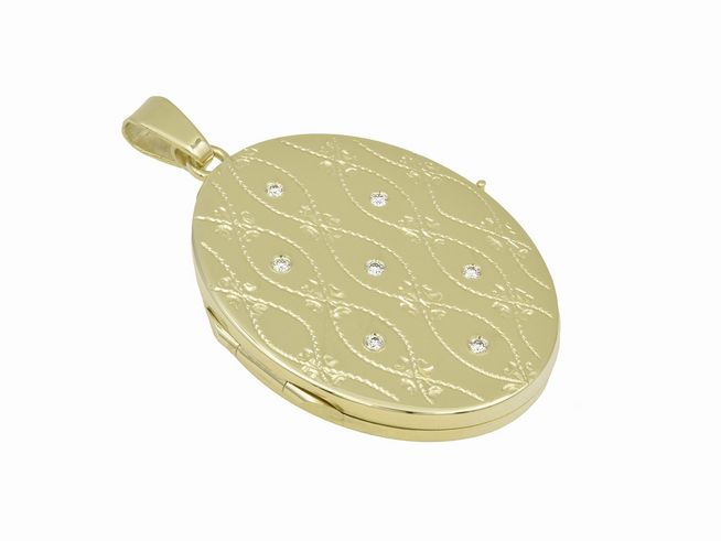 Brillant Gold Medaillon in Luxus-Design mit einem Durchmesser von 34 mm, gefertigt aus Gold 585, hergestellt von Juwelier Harnisch, verziert mit funkelnden Steinen.