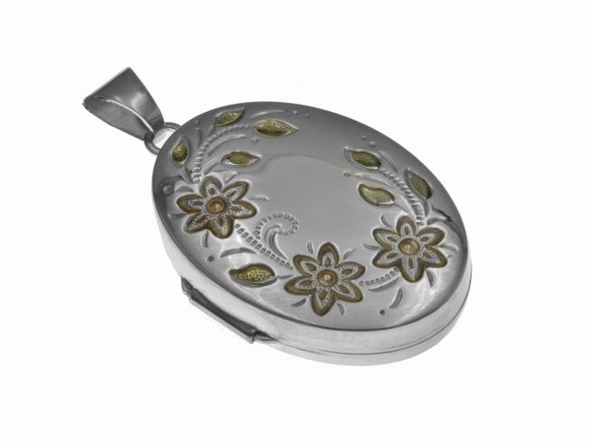 Medaillon oval poliert mit rosa Blumen in Sterling Silber, hergestellt von Juwelier Harnisch, mit elegantem floralem Design und perfektem Glanz. Ideal als bezauberndes Schmuckstück.