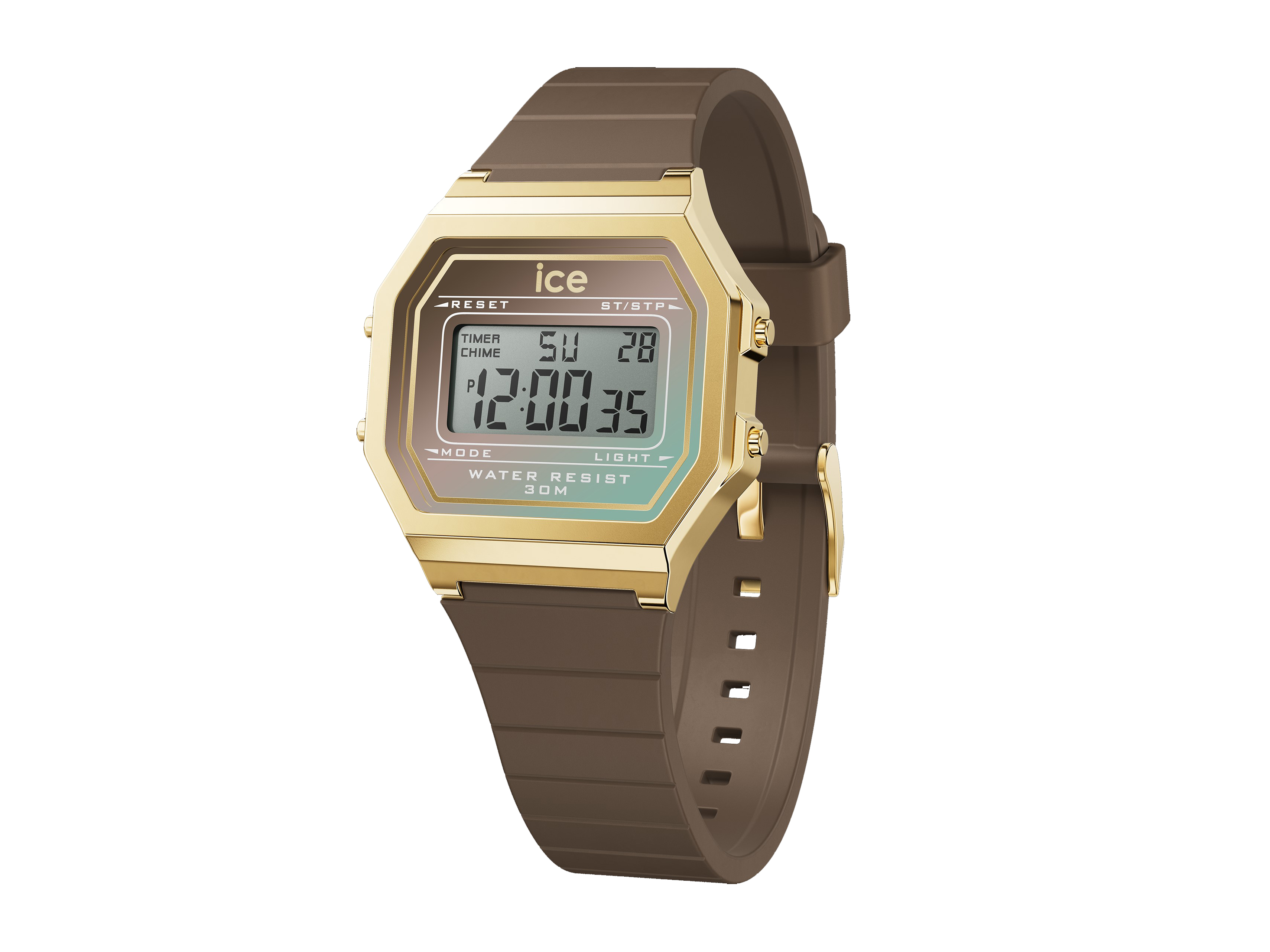 Die Ice Watch Uhr 023308 in der Farbe Mocha Shade hat ein modernes digitales Display mit goldener Umrandung und einem braunen Silikonarmband, wasserfest bis 30 Meter.