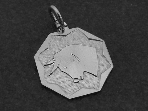 Silber Anhänger Platte mit dem Sternzeichen Stier, hergestellt von Juwelier Harnisch. Der Anhänger zeigt stilisiert einen Stierkopf auf einer achteckigen Grundform.