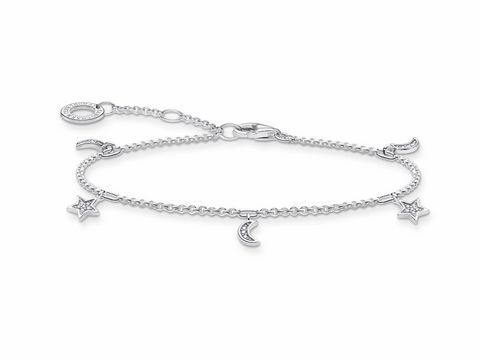 Silbernes Armband aus der Thomas Sabo Charming Collection mit Mond- und Sternanhängern, verziert mit klaren Zirkonia, in den Größen 16 bis 19 cm geeignet.