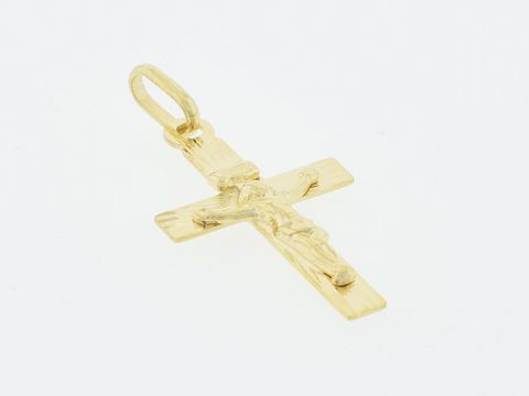 Gold Anhänger in Form eines Jesus Kreuzes aus 333 Gold, mit einer Länge von 2,3 cm, hergestellt von Juwelier Harnisch, religiöses Schmuckstück.