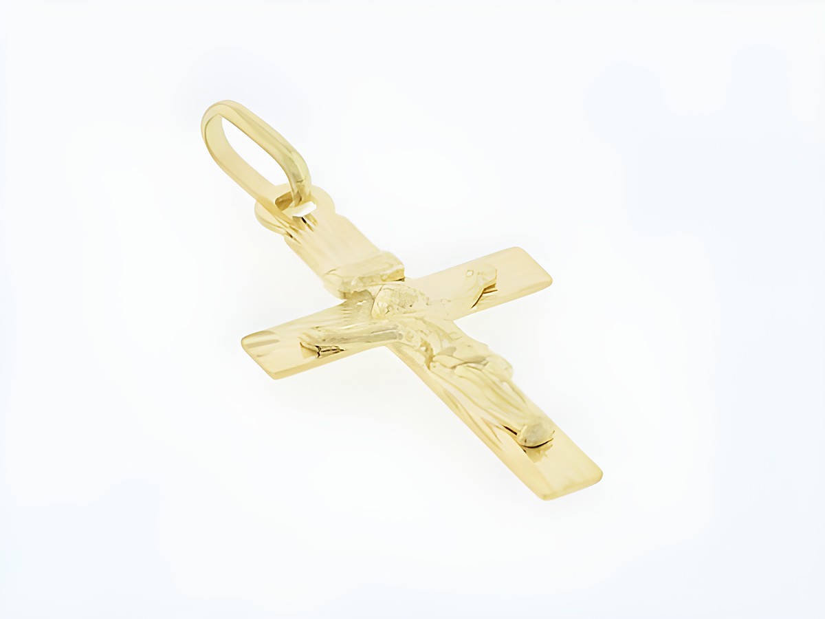 Gold Anhänger in Form eines Jesus Kreuzes aus 333 Gold, mit einer Länge von 2,3 cm, hergestellt von Juwelier Harnisch, religiöses Schmuckstück.