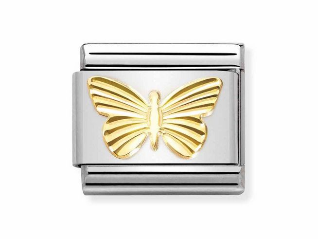 Edelstahlarmband mit goldenen Schmetterling, der diamantiert ist, von Nomination. Luft Gold Design. Ideal für schlichte Eleganz und als modisches Accessoire.