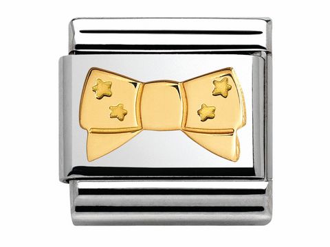 Schmuckelement von Nomination 030162 23 Classic mit einer goldenen Schleife und Sternen auf einem silbernen Hintergrund, ideal für individuelle Armbänder im MADAME ET MONSIEUR Stil.