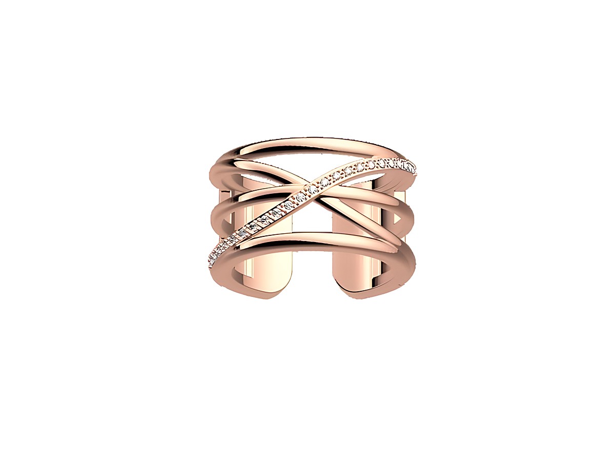 Der Ring von Les Georgettes in Roségold mit Zirkonia hat ein elegantes Design mit überkreuzten Bändern und einer Breite von 12 mm, Größe 54.