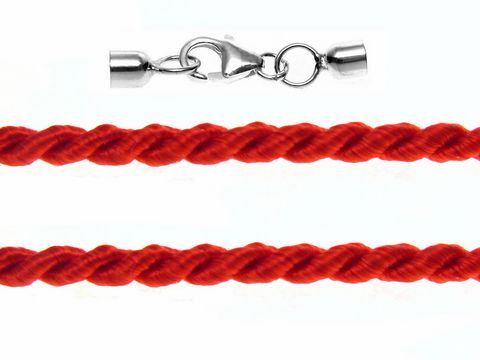 Kordel gedreht 29 cm in rot mit 3 mm Durchmesser und silbernem Karabiner von Juwelier Harnisch, ideal als Halsschmuck oder für kreative Bastelprojekte.