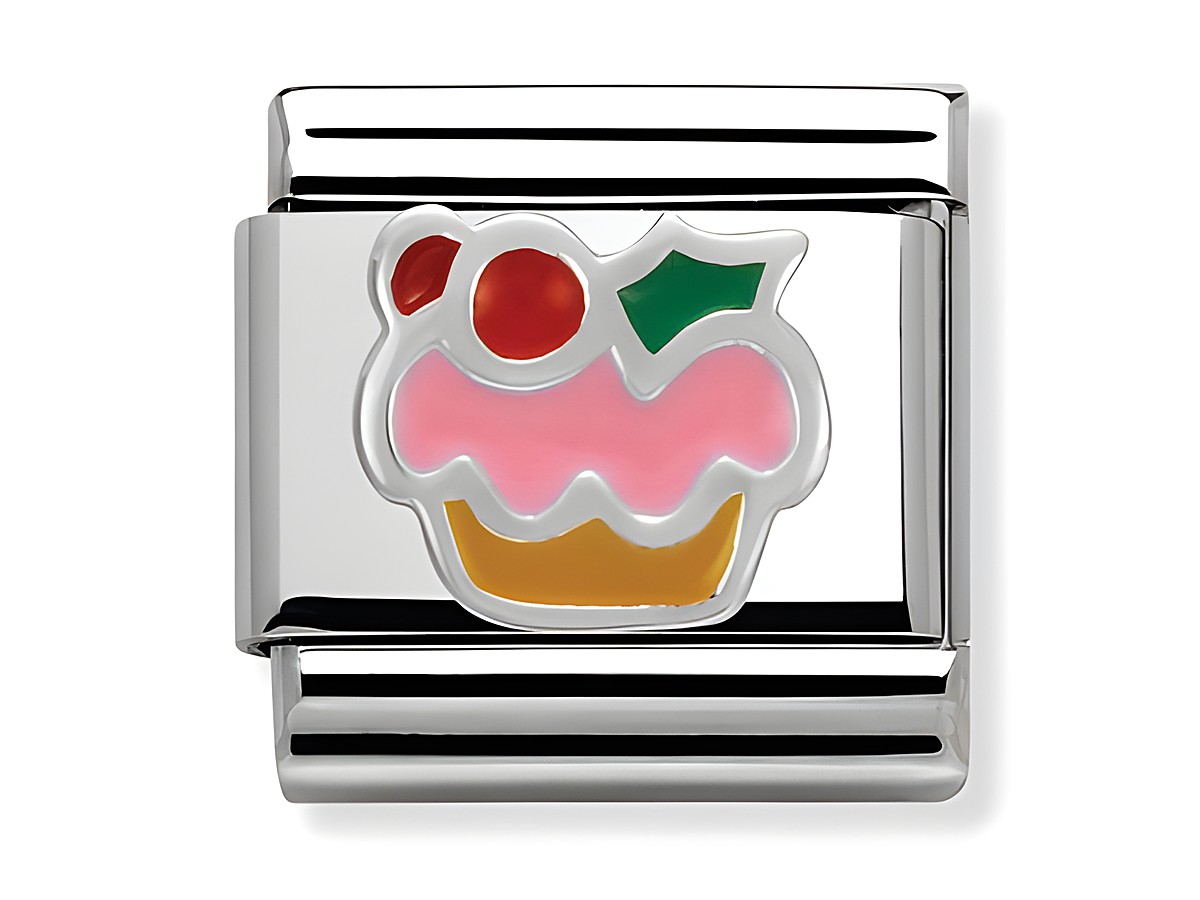 Silberner Charm von Nomination mit einem bunten Cupcake-Motiv aus Emaille, präsentiert in einem modernen Design, ideal für individuelle Armbänder.