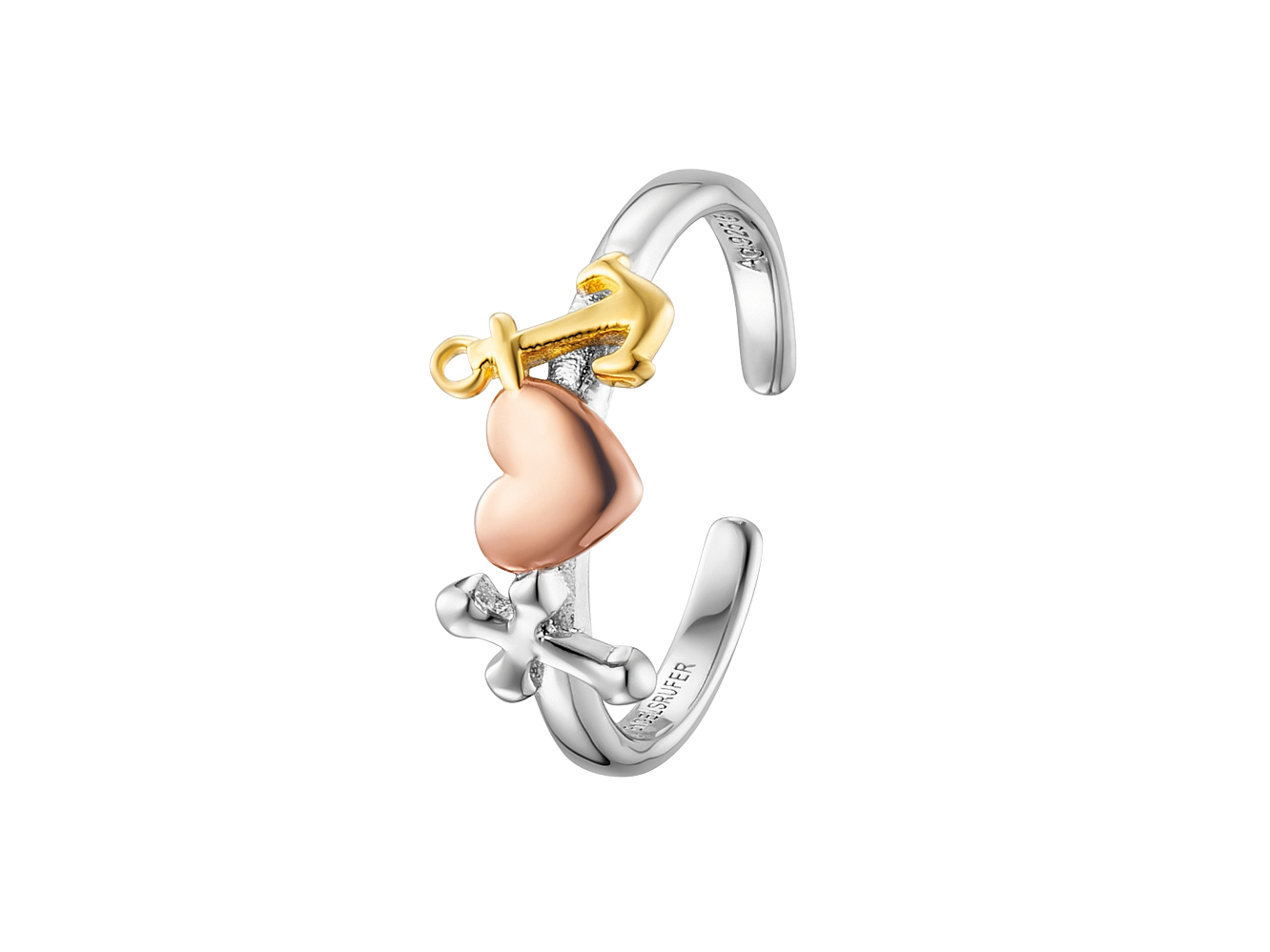 Engelsrufer ERR-FLH-TRI Glaube, Liebe & Hoffnung Ring Tricolor in Silber, Roségold und Gold mit Herz und Anker als Anhänger, zeitloses Schmuckstück für besondere Momente.