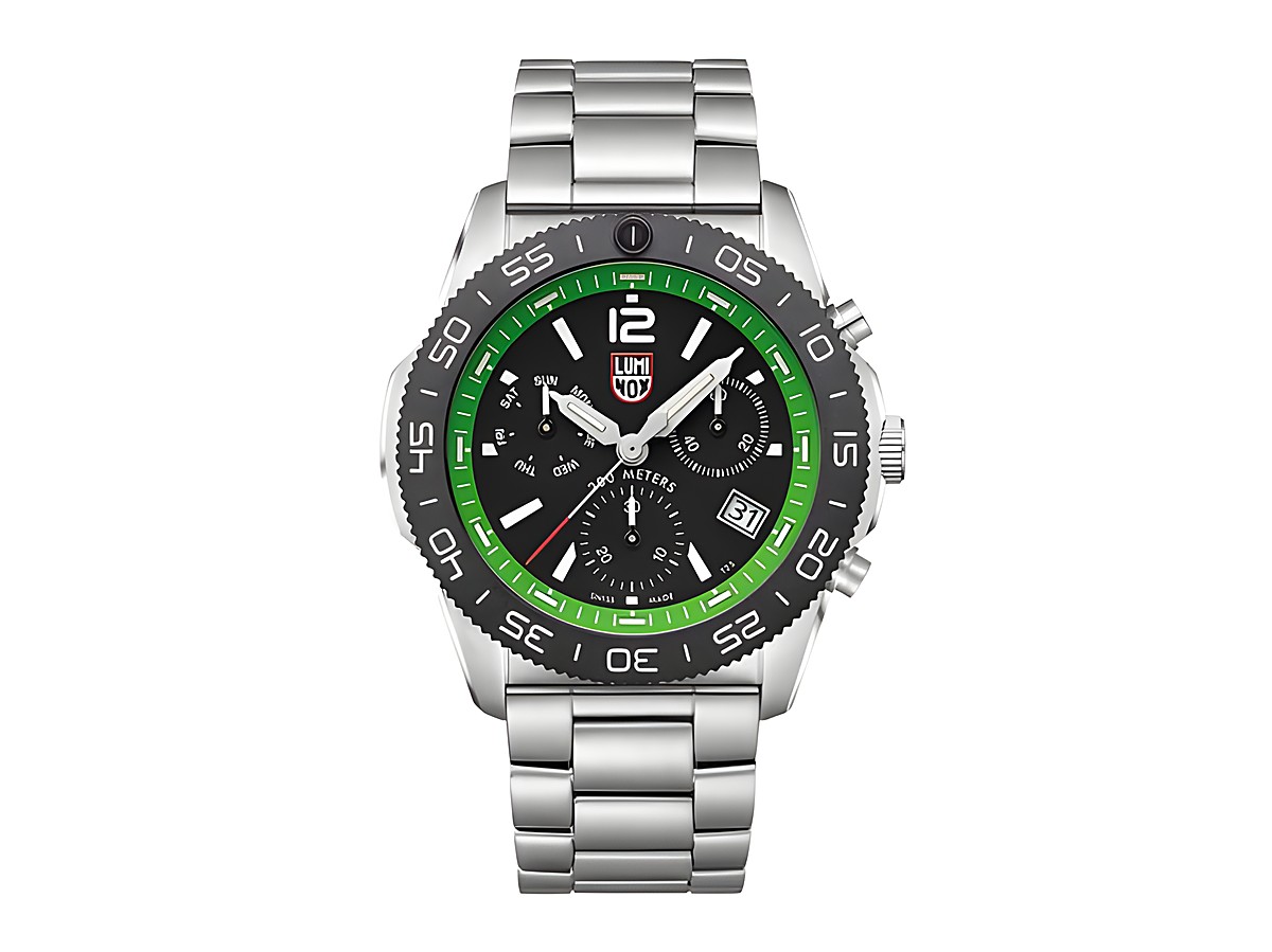 Luminox Uhr XS.3157.NF.M - Pacific Diver Chrono - 44 mm, Edelstahlarmband, schwarzes Ziffernblatt mit grünen Akzenten, Chronographenfunktion, Wasserdichtigkeit bis 200 Meter.