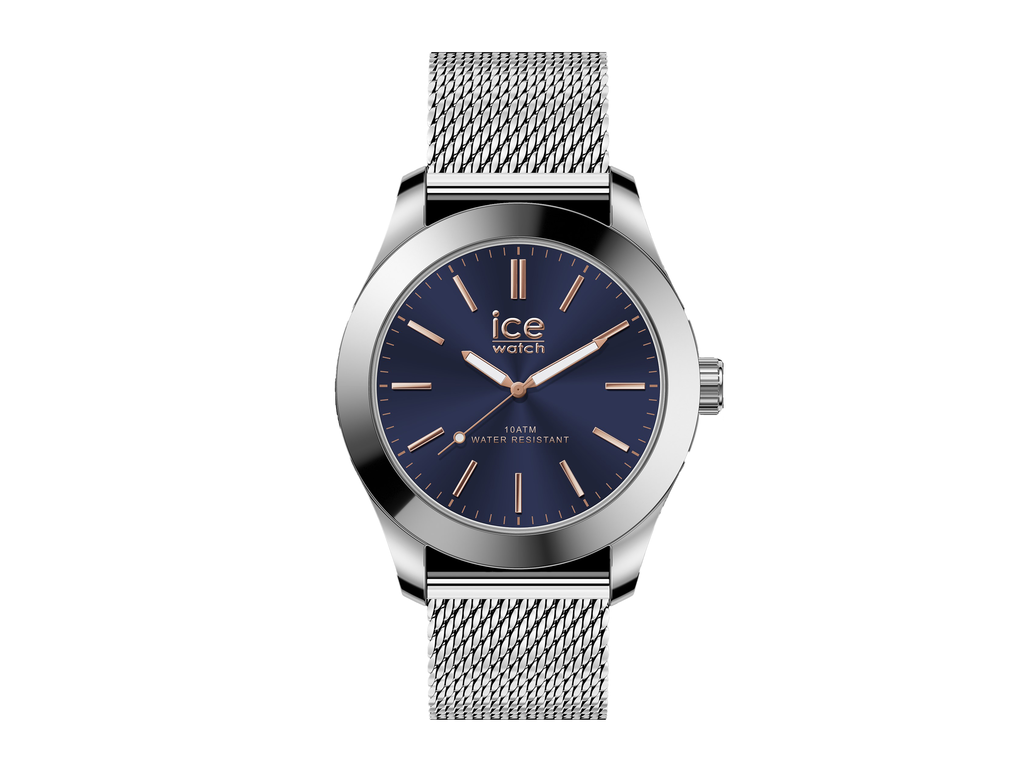 Dunkelblaue Ice Watch 024748 mit silbernem Gehäuse und Milanaise-Armband, elegantes Design, optimale Lesbarkeit durch roségoldene Ziffern und zeiger, wasserfest bis 10 ATM.