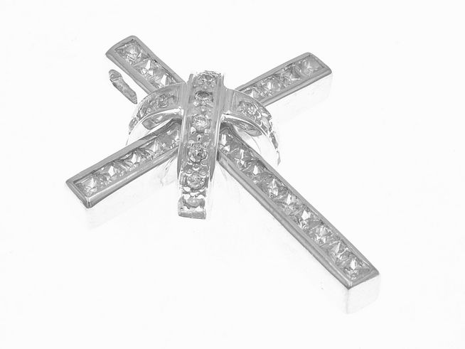 Anhänger Kreuz aus Sterling Silber mit funkelndem Zirkonia, poliert, Hersteller Juwelier Harnisch, verziert mit edlem Stein.
