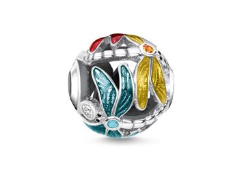 Mehrfarbiger Thomas Sabo Karma Bead mit Libellenmotiv und bunten Steinen, edles Design aus Silber, ideal für Armbänder und Schmuckliebhaber.