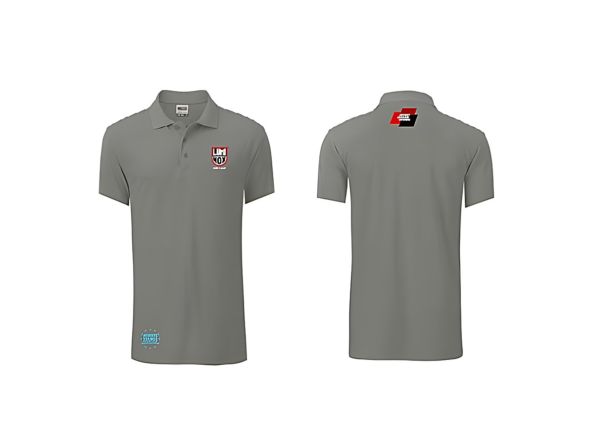 Ein graues Luminox Polo Shirt für Männer mit einem Logo auf der Vorderseite und einem weiteren Design auf der Rückseite, ideal für Freizeit und sportliche Aktivitäten.