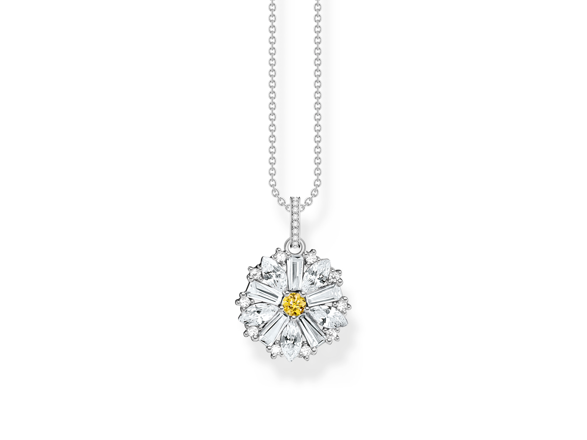 Thomas Sabo Kette KE2086-051-4-L45v mit einer Blume in Gelb, leuchtender Anhänger und filigranem Design, ideal für einen eleganten Look, verstellbare Länge von 40 bis 45 cm.