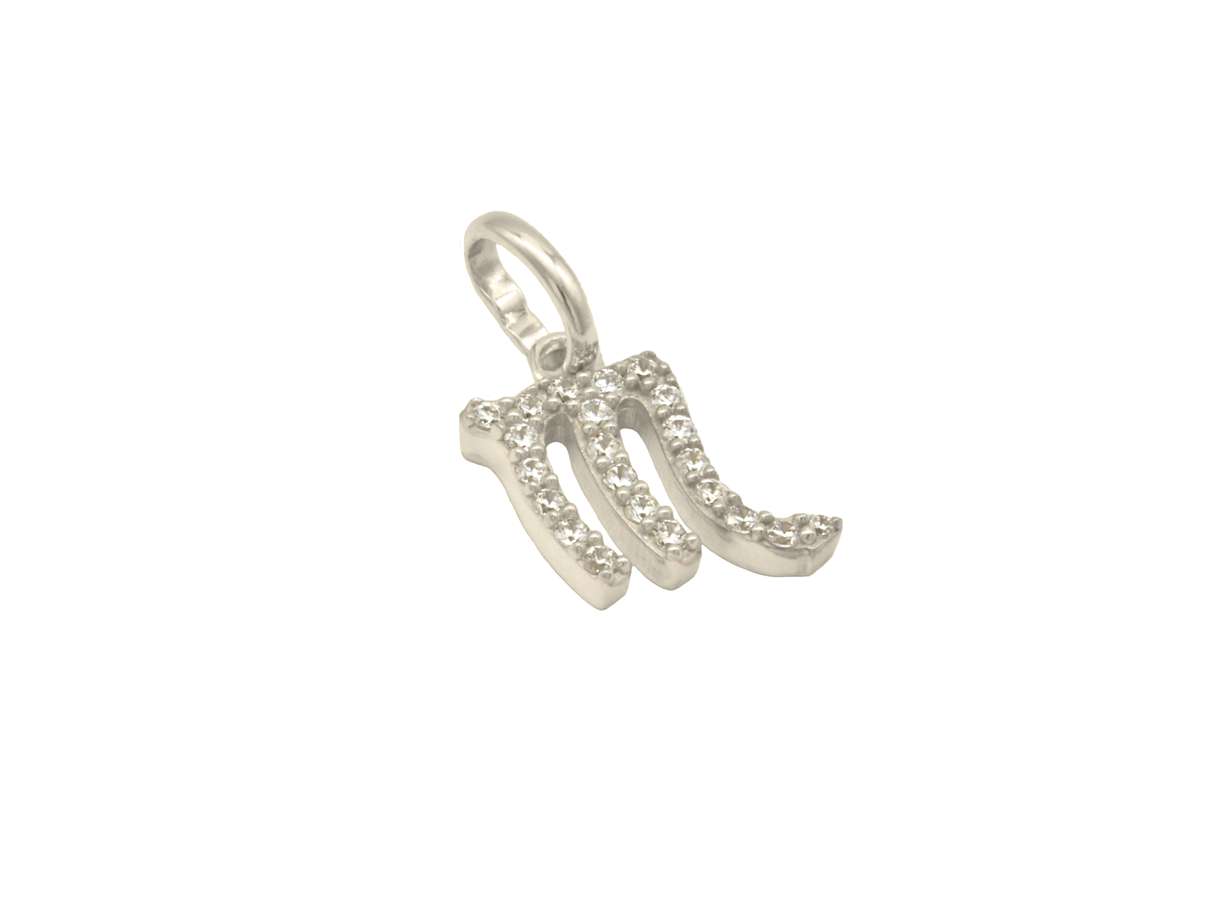 Ein glänzender Anhänger in Form des Sternzeichens Skorpion aus 925 Sterling Silber, rhodiniert und poliert, verziert mit Zirkonia-Steinen, ideal als Schmuckstück oder Geschenk.