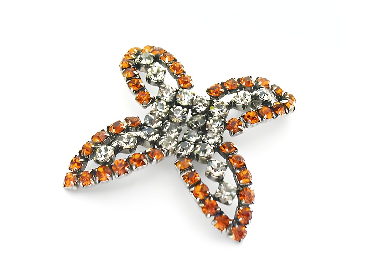 Damen Designer Brosche im Sexy City Look, Einzelstück von Juwelier Harnisch, Strass Brosche in Gelb und Braun, funkelndes Design mit klaren und orangefarbenen Steinen.