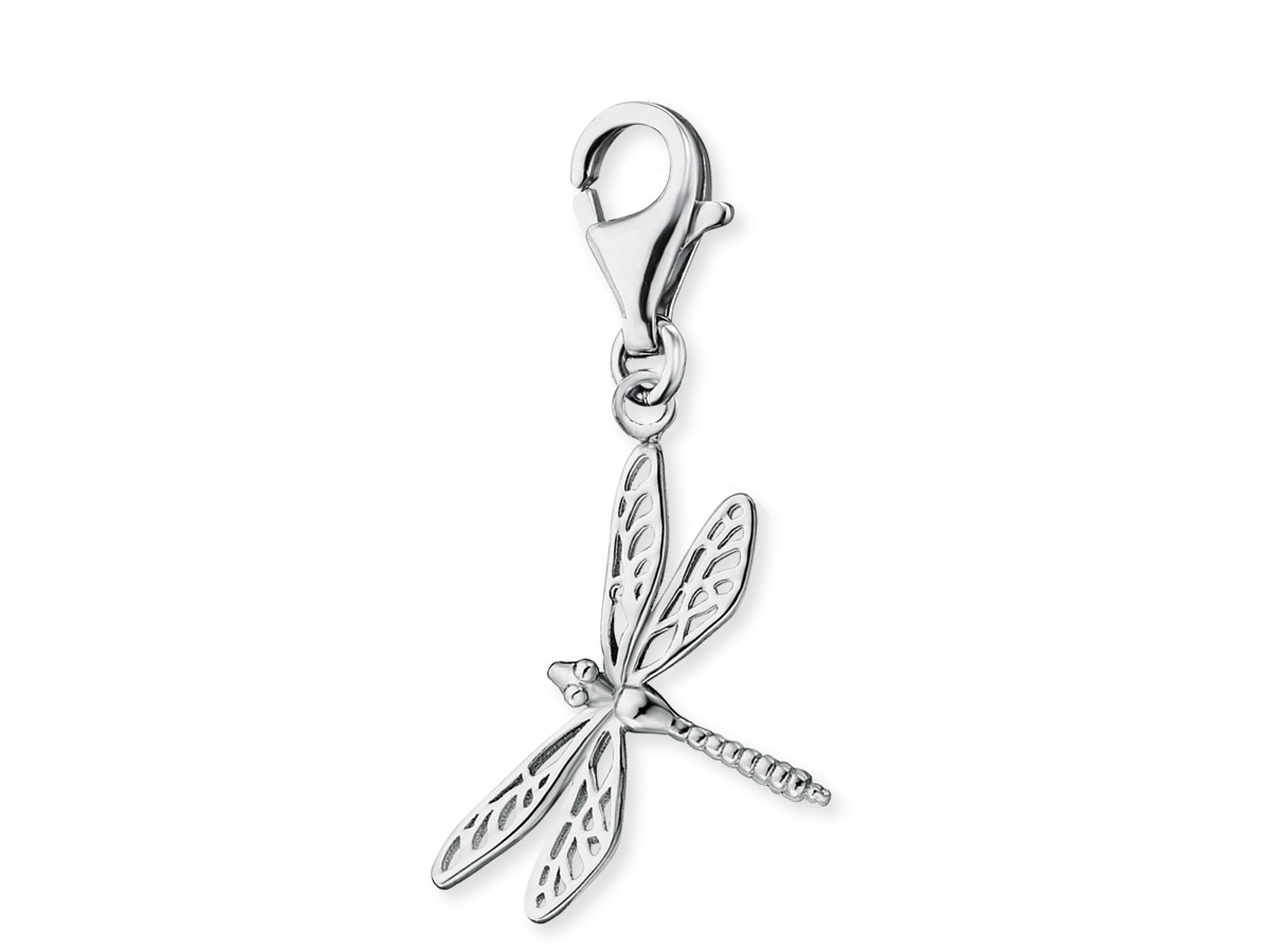 Engelsrufer ERC-DRAGONFLY Charm Libelle - Silber rhod. Silberner Charm in Form einer Libelle mit filigranen Details und einem Karabinerhaken, ideal zum Anhängen an Armbänder oder Halsketten, Hersteller ist Engelsrufer.