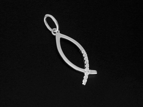 Christlicher Fisch Anhänger aus 925 Sterling Silber mit Zirkonia, schlicht und elegant, ideal für religiöse Anlässe, hergestellt von Juwelier Harnisch.