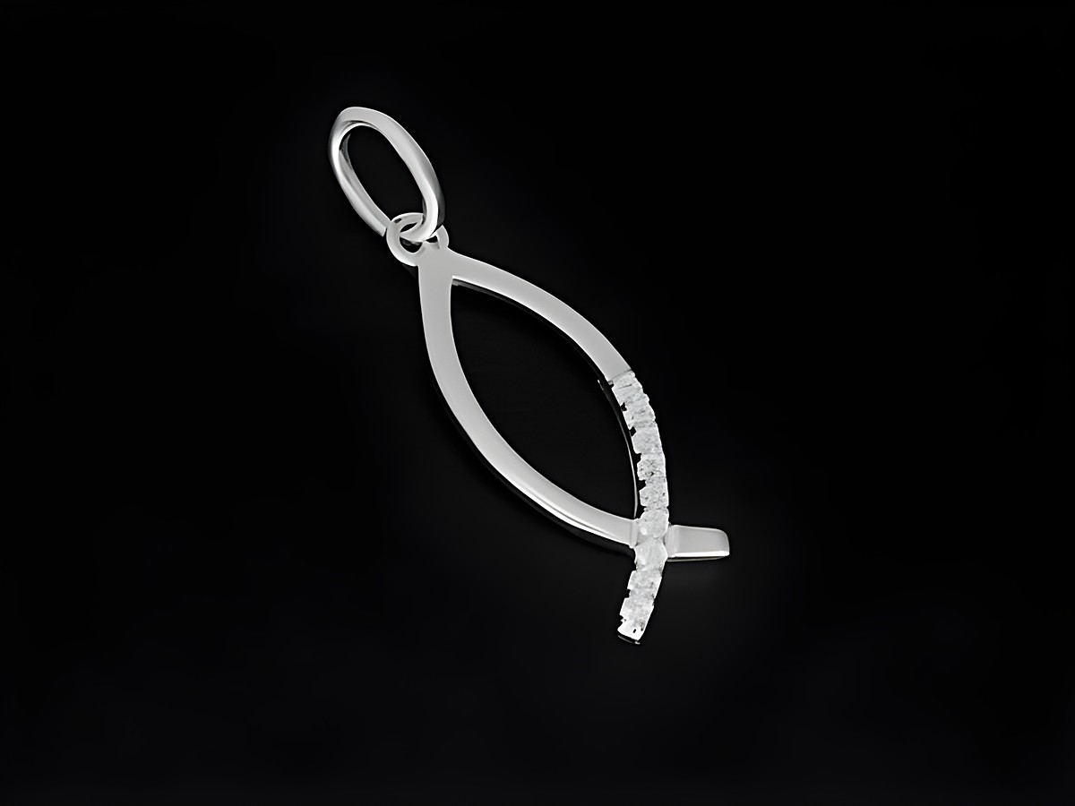 Christlicher Fisch Anhänger aus 925 Sterling Silber mit Zirkonia, schlicht und elegant, ideal für religiöse Anlässe, hergestellt von Juwelier Harnisch.